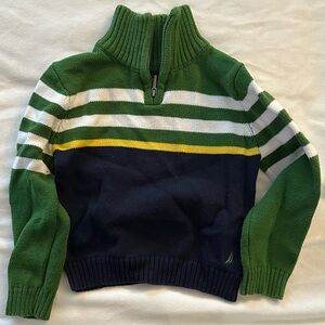 Nautica Green and Navy Striped Zip-Up Sweater